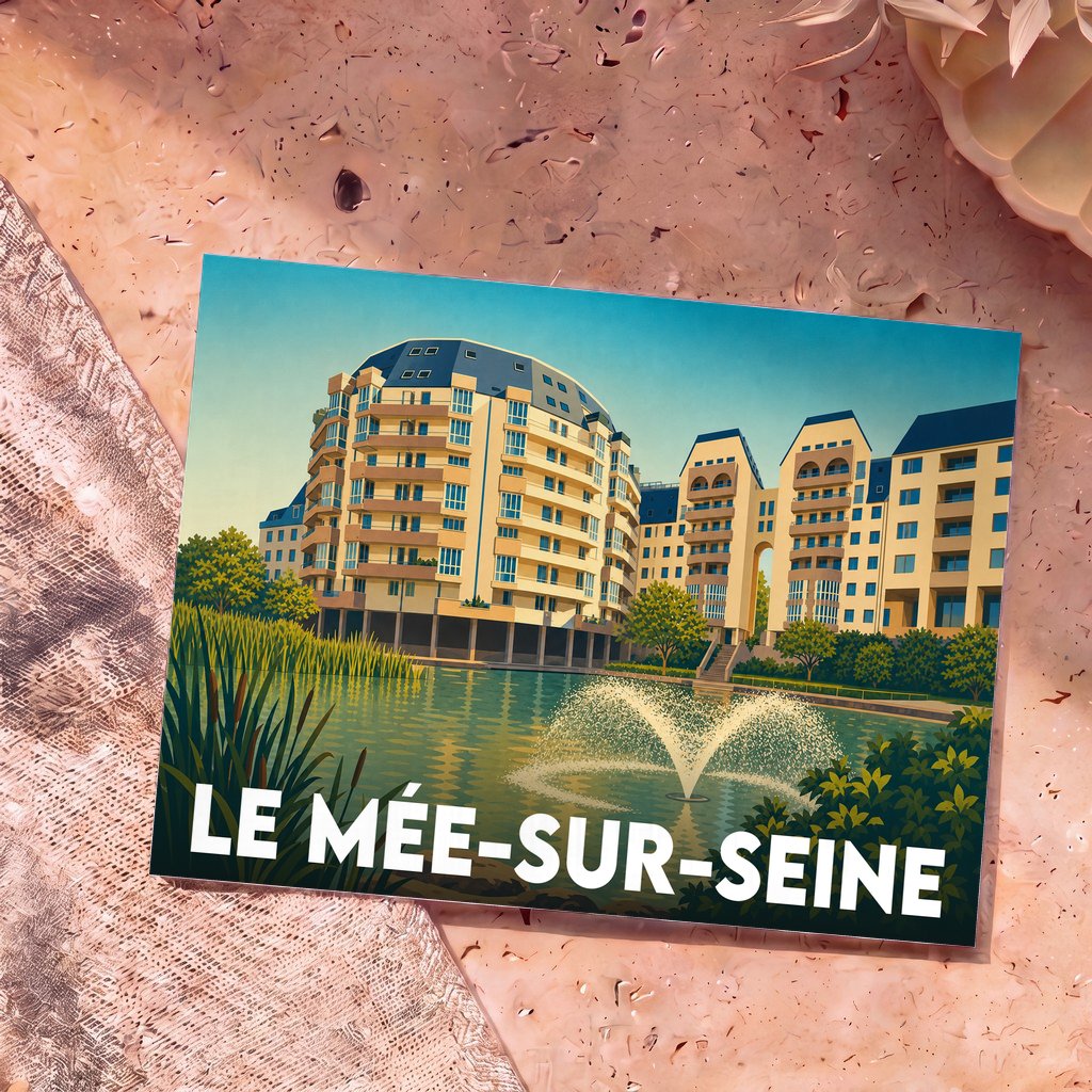 Carte postale souvenir de la ville de Le Mée-sur-Seine avec une illustration stylisée de ses bâtiments en bord d'eau.
