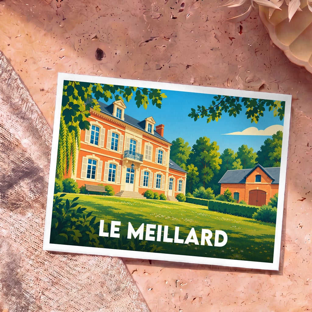 Carte postale souvenir de la ville de Le Meillard avec une illustration stylisée d'un manoir.