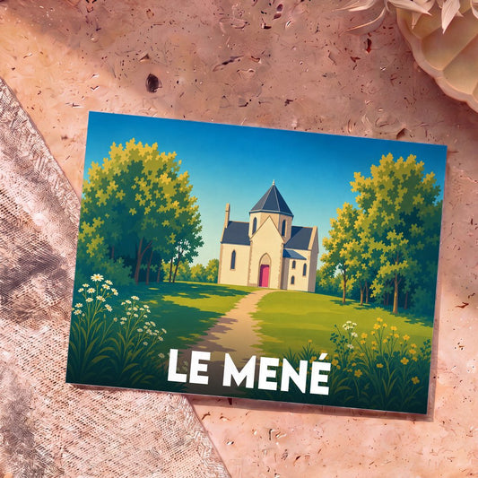 Carte postale souvenir de la commune du Mené arborant une illustration stylisée d'une église dans un paysage verdoyant.