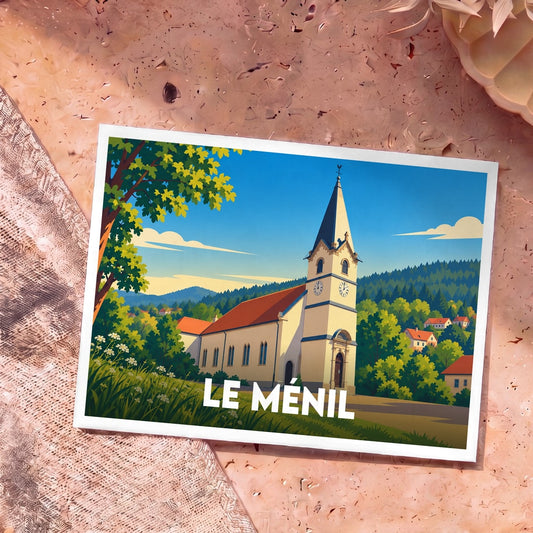 Carte postale souvenir de la ville de Le Ménil avec une illustration stylisée d'une église de montagne.