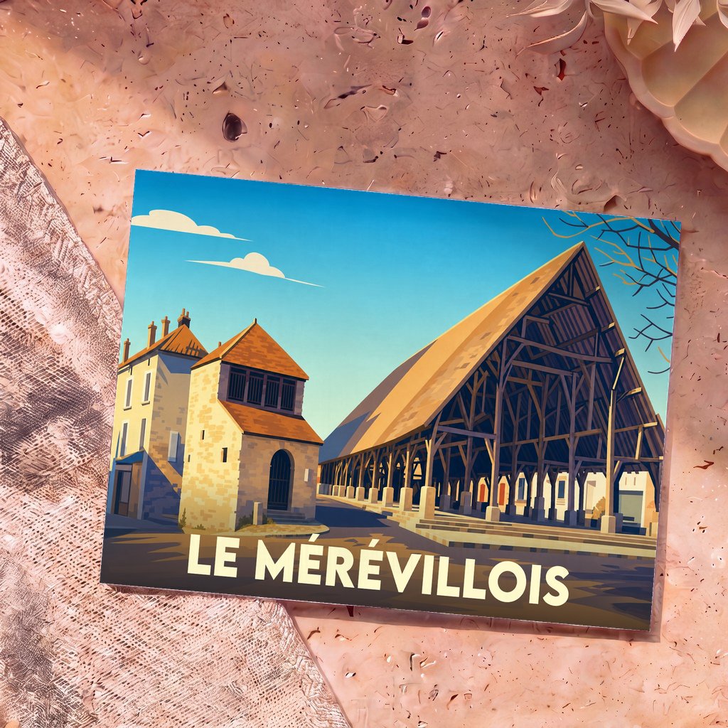 Carte postale souvenir de la ville de Le Mérévillois représentant ses halles historiques avec une illustration stylisée.