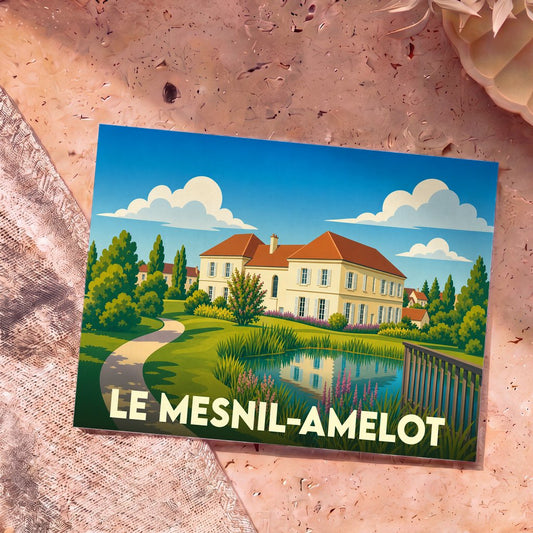 Carte postale souvenir de la ville de Le Mesnil-Amelot avec une illustration stylisée d'une grande demeure au bord d'un étang.