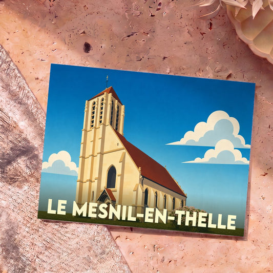 Carte postale souvenir de la ville de Le Mesnil-en-Thelle avec une illustration stylisée de son église.