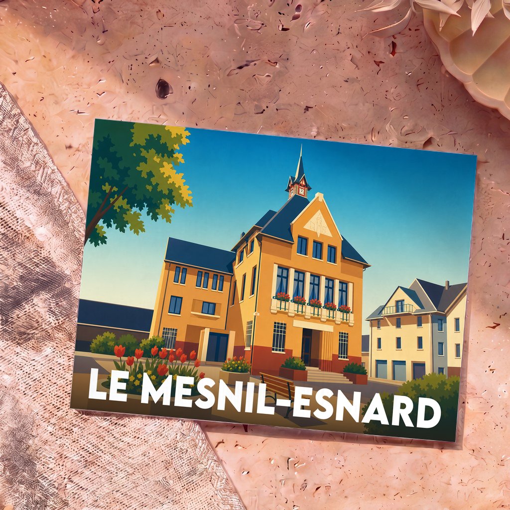 Carte postale souvenir de la ville de Le Mesnil-Esnard avec une illustration stylisée de son hôtel de ville.