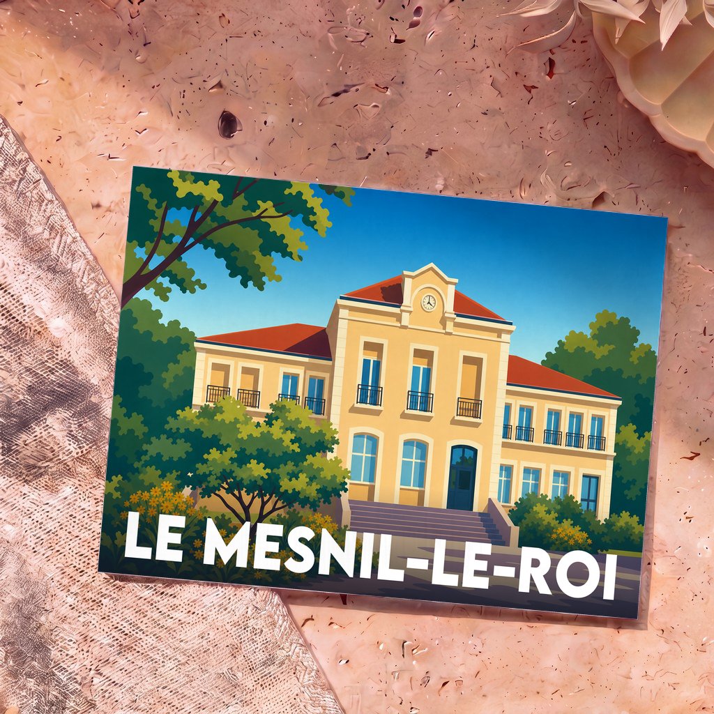 Carte postale souvenir de la ville de Le Mesnil-le-Roi avec une illustration stylisée de son hôtel de ville.