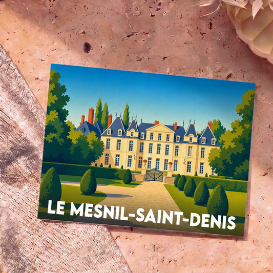 Carte postale souvenir de la ville de Le Mesnil-Saint-Denis avec une illustration stylisée de son château.