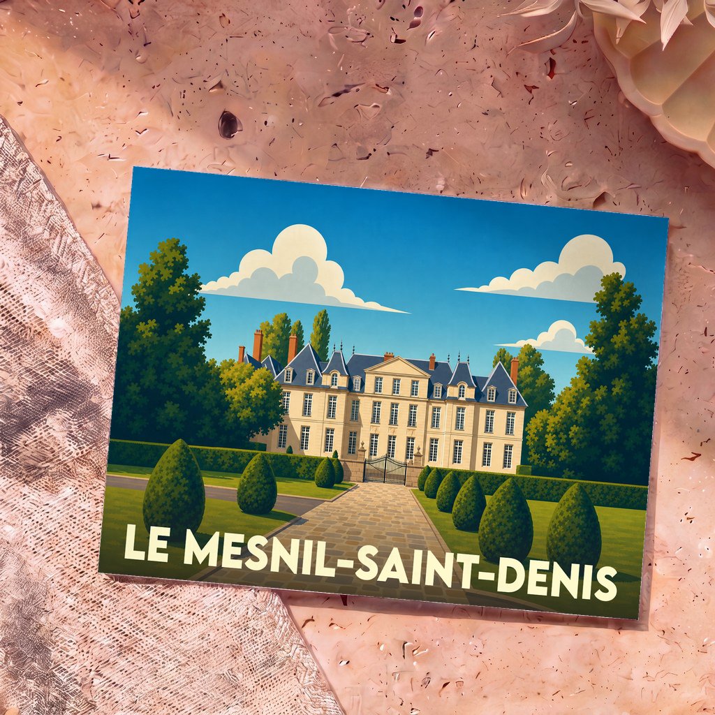 Carte postale souvenir de la ville de Le Mesnil-Saint-Denis avec une illustration stylisée de son château.