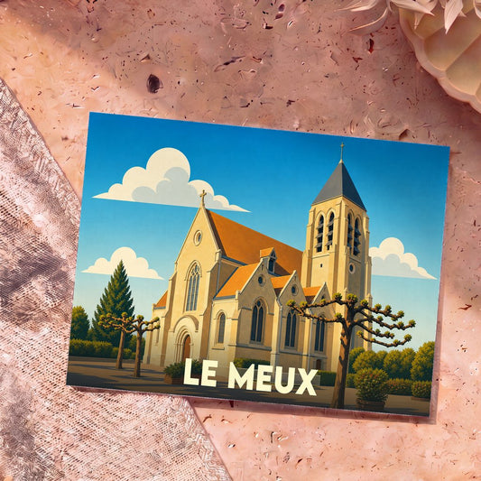 Carte postale souvenir de la ville de Le Meux avec une illustration stylisée de son église sous un ciel bleu.