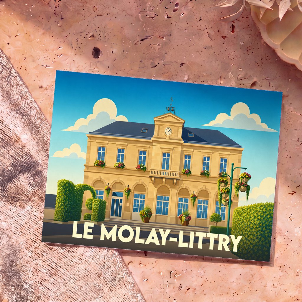 Carte postale souvenir de la ville de Le Molay-Littry avec une illustration stylisée de sa mairie.
