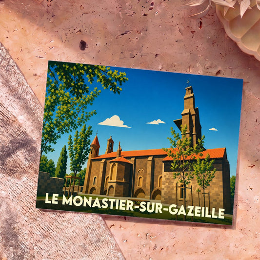 Carte postale souvenir de la ville de Le Monastier-sur-Gazeille avec une illustration stylisée de son église abbatiale.