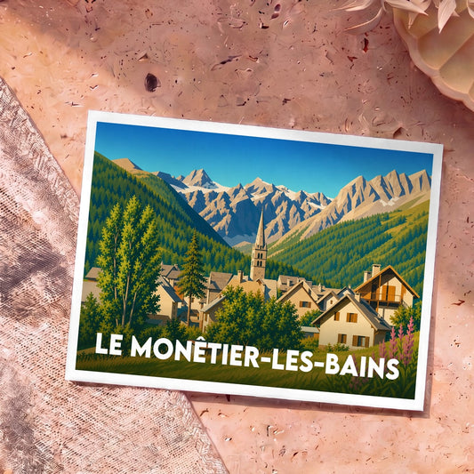 Carte postale souvenir de la ville de Le Monêtier-les-Bains avec une illustration stylisée de ses montagnes et de son église.
