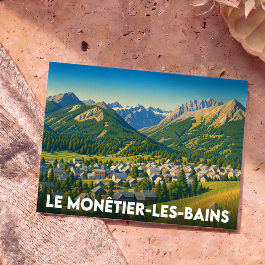 Carte postale souvenir de la ville de Le Monêtier-les-Bains avec une illustration stylisée d'un village de montagne.