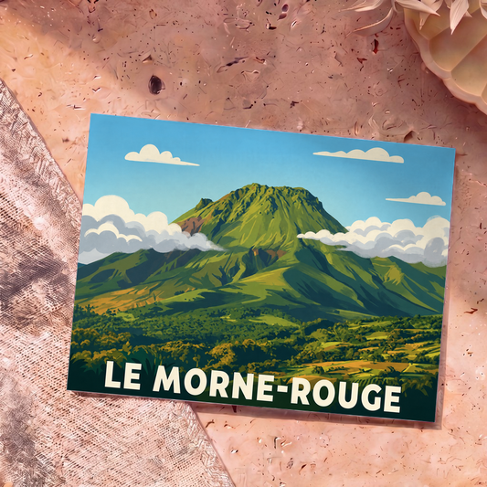 Carte postale souvenir de la ville de Le Morne-Rouge avec une illustration stylisée de la Montagne Pelée.