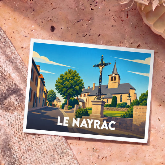 Carte postale souvenir de la ville de Le Nayrac avec une illustration stylisée de son église et de son calvaire.