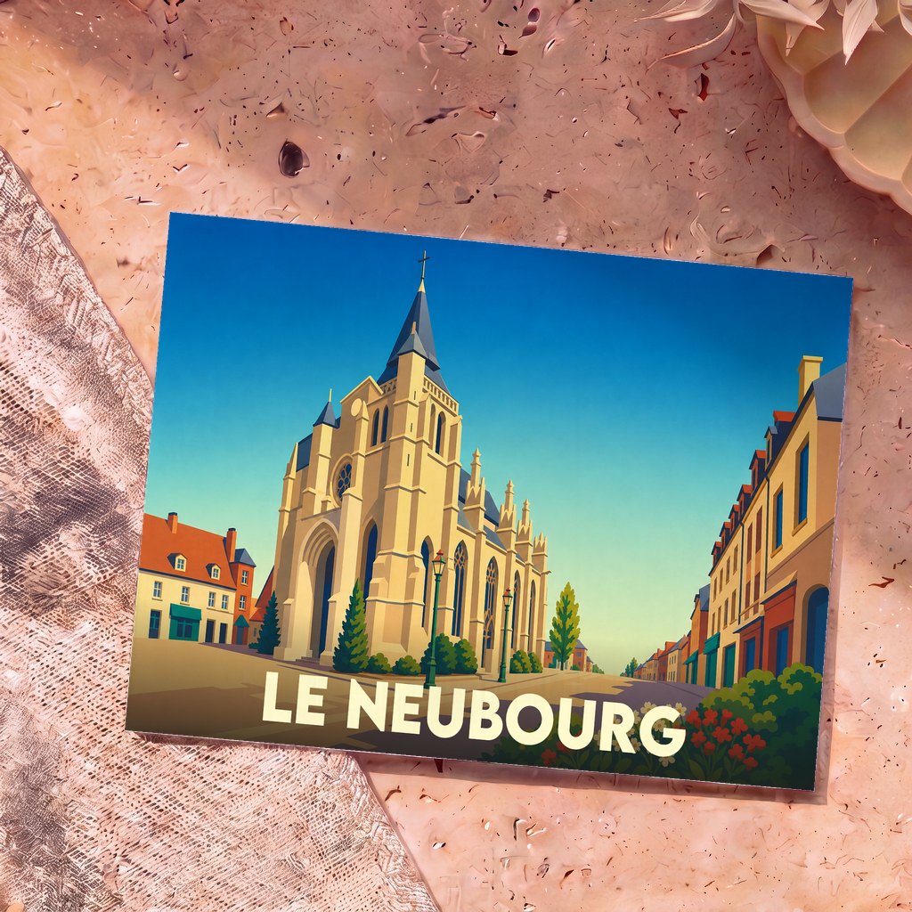 Carte postale souvenir de la ville de Le Neubourg avec une illustration stylisée de son église et de ses rues.
