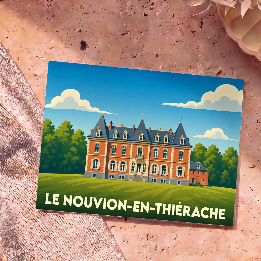 Carte postale souvenir de la ville de Le Nouvion-en-Thiérache illustrant un château stylisé sous un ciel bleu.