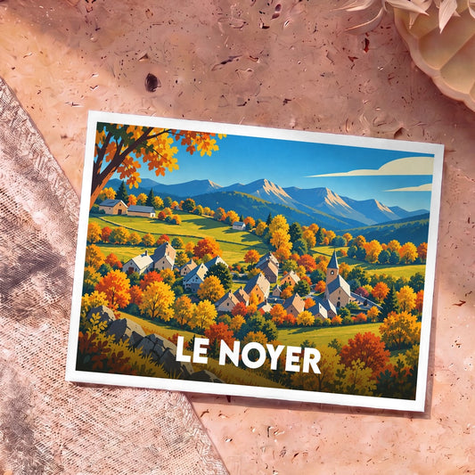Carte postale souvenir de la ville de Le Noyer représentant un village de montagne en automne dans un style illustré.