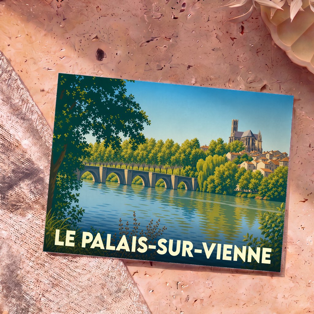 Carte postale souvenir de Le Palais-sur-Vienne illustrant un pont et la cathédrale au bord de l'eau.