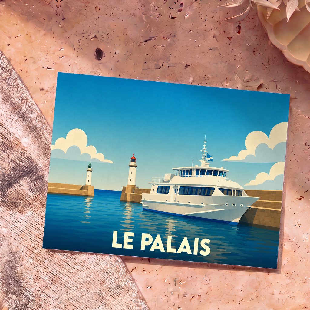 Carte postale souvenir de la ville de Le Palais avec une illustration stylisée d'un bateau et de deux phares à l'entrée du port.
