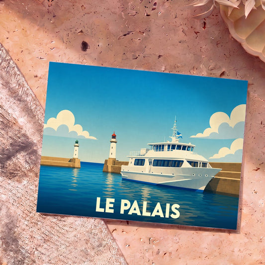 Carte postale souvenir de la ville de Le Palais avec une illustration stylisée d'un bateau et de deux phares à l'entrée du port.