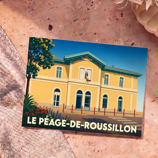 Carte postale souvenir de la ville de Le Péage-de-Roussillon avec une illustration stylisée de sa gare.