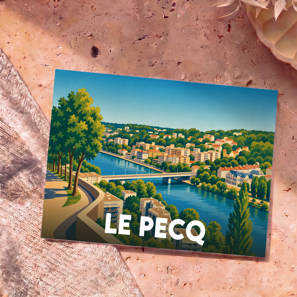 Carte postale souvenir de la ville de Le Pecq avec une illustration stylisée des bords de Seine.