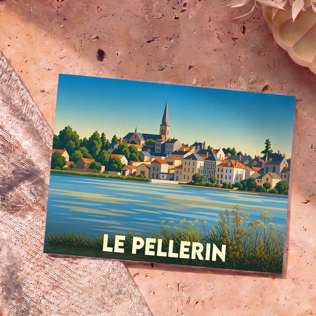 Carte postale souvenir de la ville de Le Pellerin avec une illustration stylisée des bords de Loire.