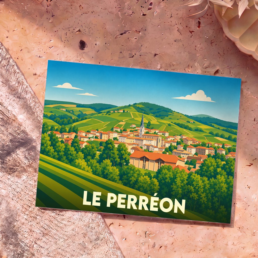 Carte postale souvenir de la ville de Le Perréon avec une illustration stylisée de son village et de ses vignobles.