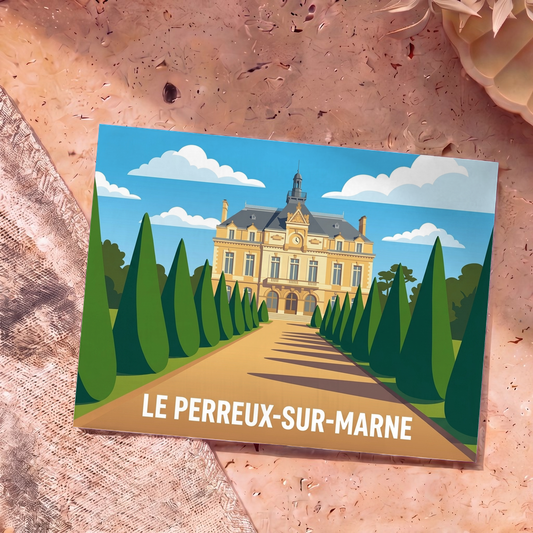 Carte postale souvenir de la ville de Le Perreux-sur-Marne illustrant l'hôtel de ville dans un style graphique épuré.