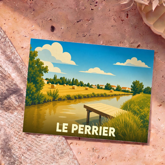 Carte postale souvenir de la commune de Le Perrier avec une illustration bucolique et stylisée.
