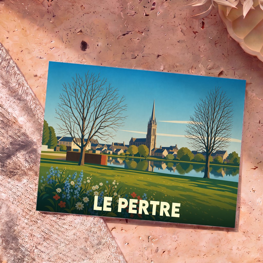 Carte postale souvenir de la ville de Le Pertre avec une illustration stylisée.