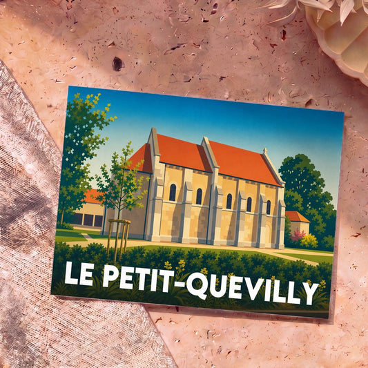 Carte postale souvenir de la ville de Le Petit-Quevilly avec une illustration stylisée de la Chapelle Saint-Julien.