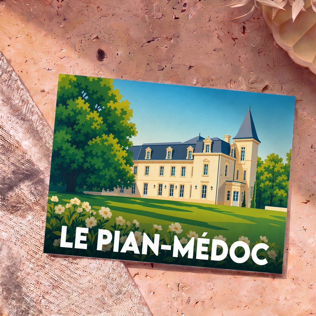 Carte postale souvenir de la ville de Le Pian-Médoc avec une illustration stylisée d'un château.