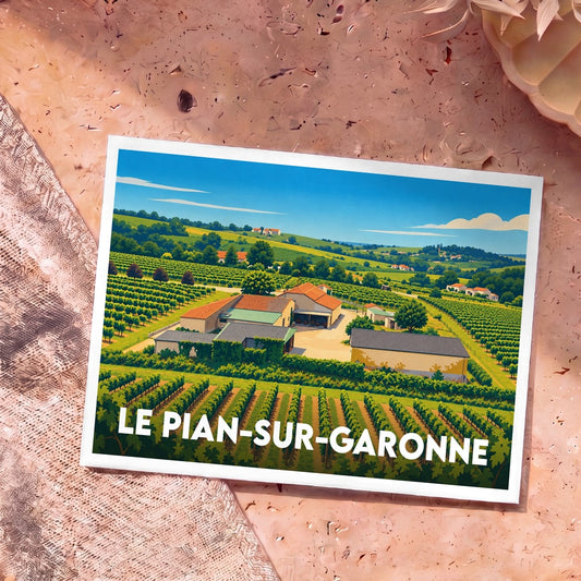 Carte postale souvenir de la ville de Le-Pian-sur-Garonne avec une illustration stylisée de ses vignobles.