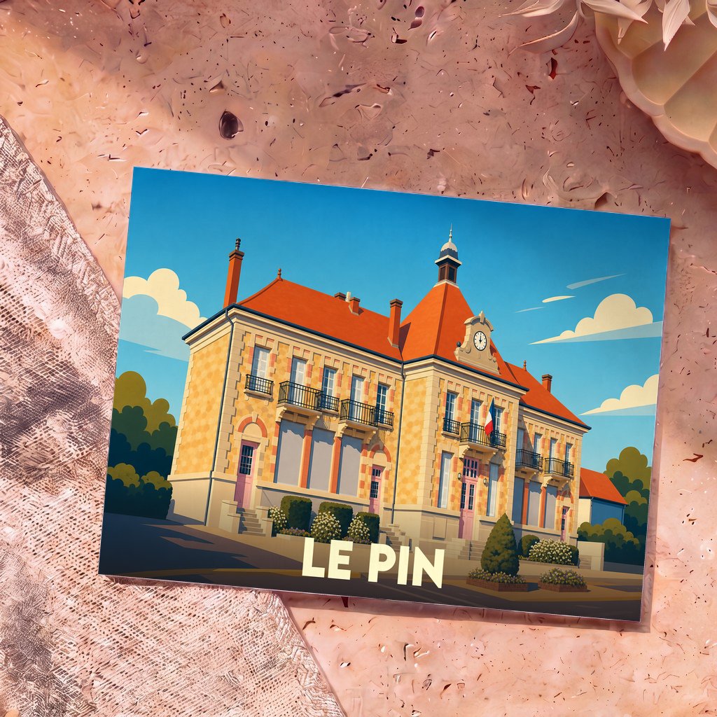 Carte postale souvenir de la ville du Pin avec une illustration stylisée de son hôtel de ville.