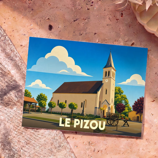 Carte postale souvenir de la ville de Le Pizou avec une illustration stylisée de son église.