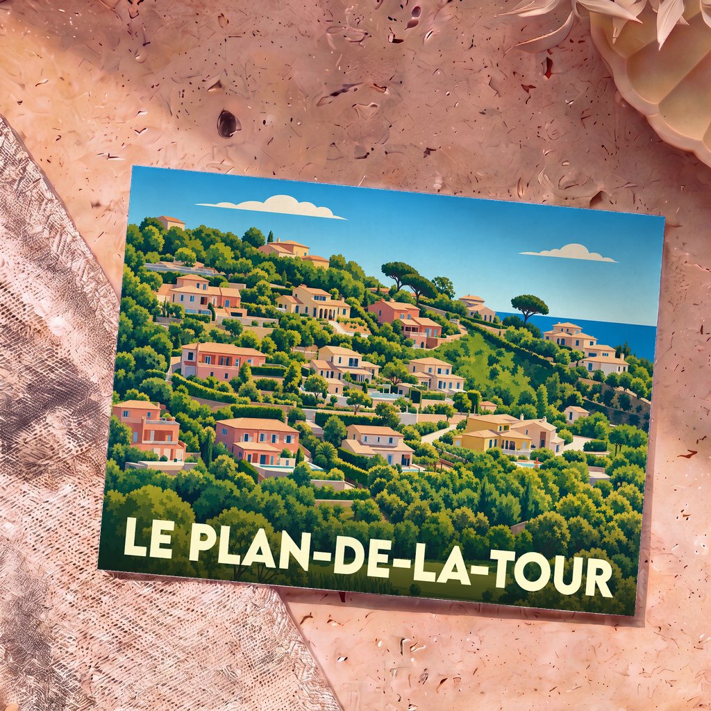 Carte postale souvenir de la ville de Le Plan-de-la-Tour avec une illustration stylisée de maisons provençales à flanc de colline.