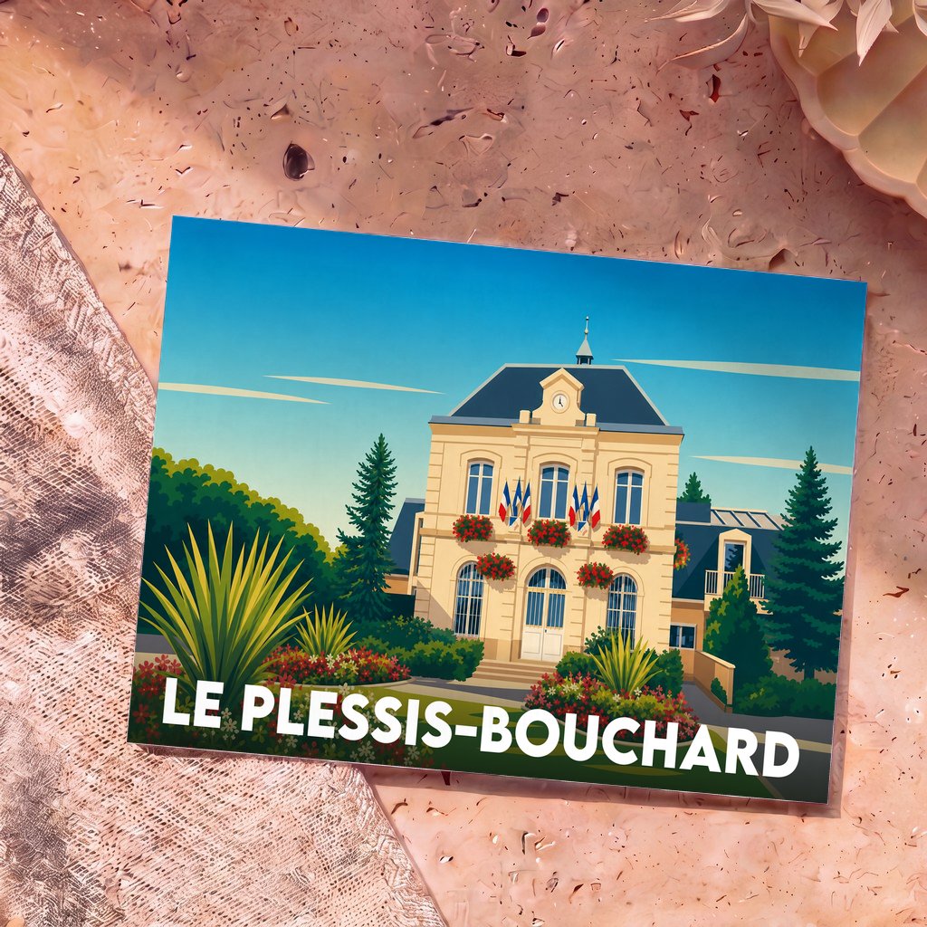 Carte postale souvenir de la ville de Le Plessis-Bouchard avec une illustration stylisée de sa mairie.