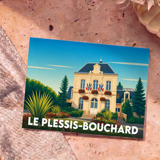 Carte postale souvenir de la ville de Le Plessis-Bouchard avec une illustration stylisée de sa mairie.