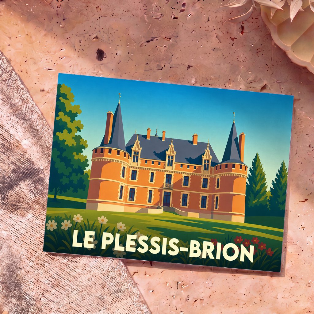 Carte postale souvenir de la ville de Le Plessis-Brion avec une illustration stylisée de son château.