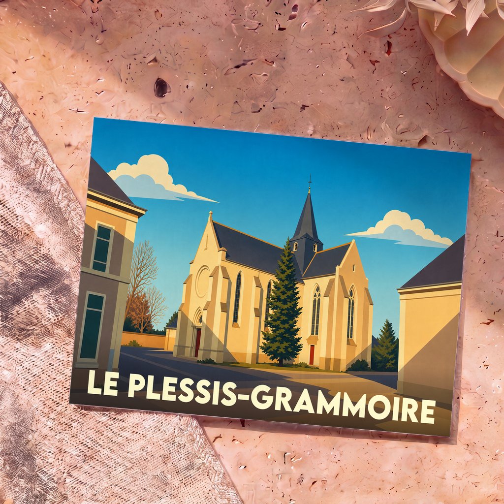 Carte postale souvenir de la ville du Plessis-Grammoire avec une illustration stylisée de son église.