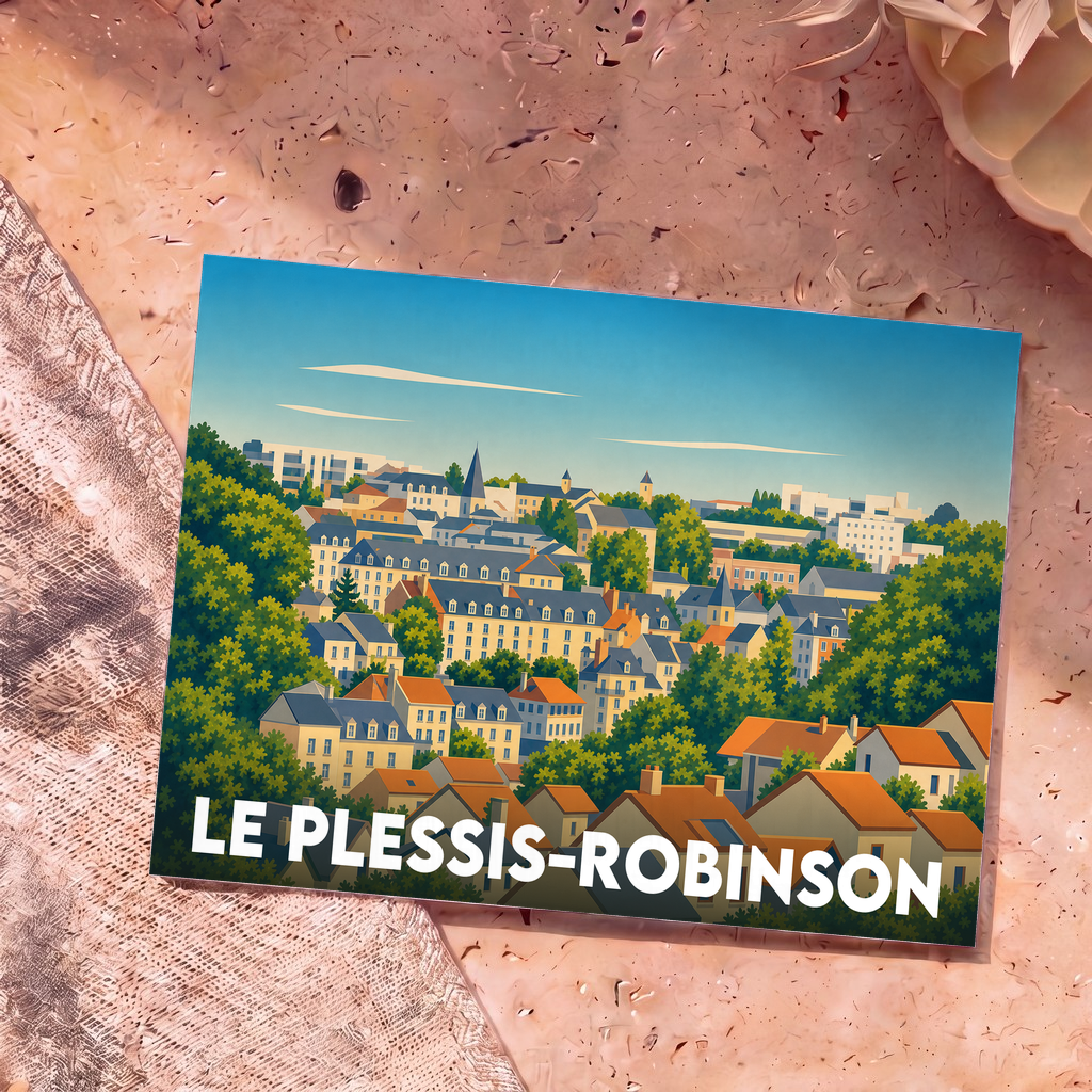 Carte postale souvenir de la ville de Le Plessis-Robinson avec une illustration stylisée et colorée.