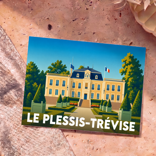 Carte postale souvenir de la ville de Le Plessis-Trévise avec une illustration stylisée de son hôtel de ville.