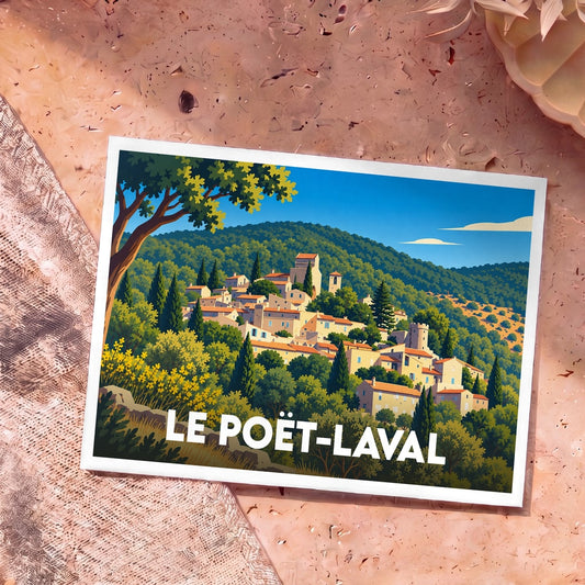 Carte postale souvenir de la ville de Le Poët-Laval avec une illustration stylisée.