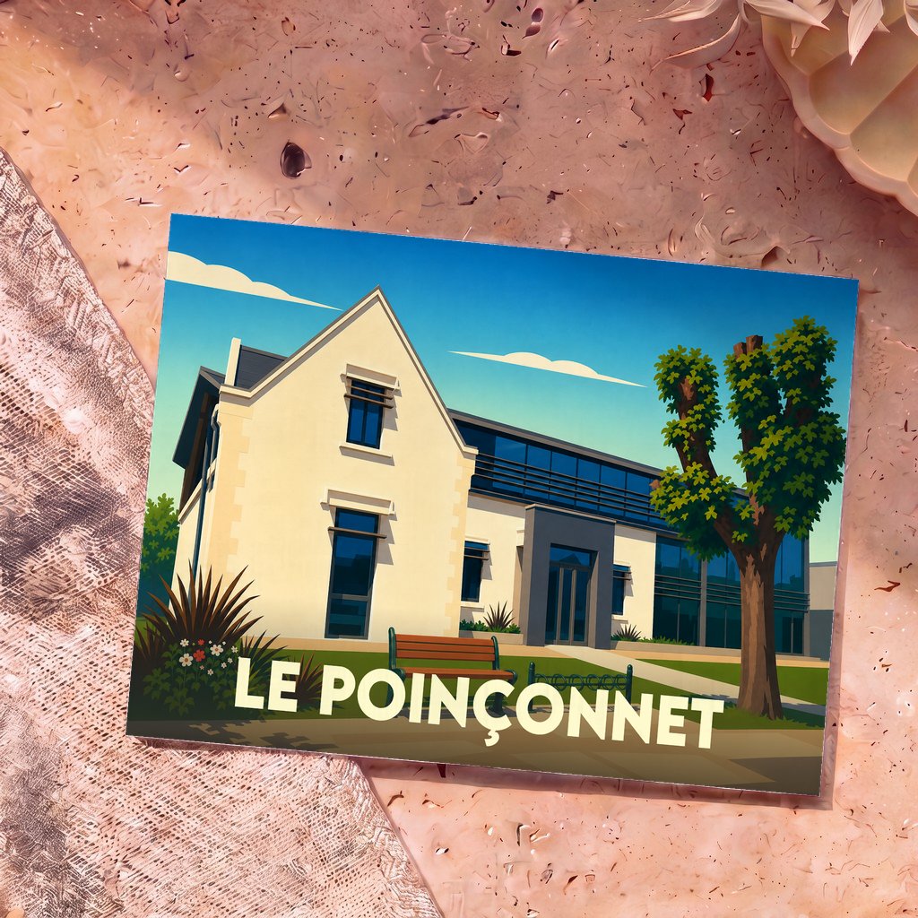 Carte postale souvenir de la ville de Le Poinçonnet avec une illustration stylisée de sa mairie.