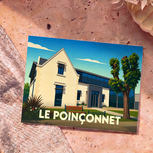 Carte postale souvenir de la ville de Le Poinçonnet avec une illustration stylisée de sa mairie.
