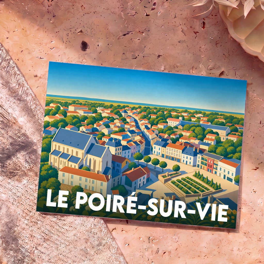 Carte postale souvenir de la ville de Le Poiré-sur-Vie avec une illustration stylisée et colorée.
