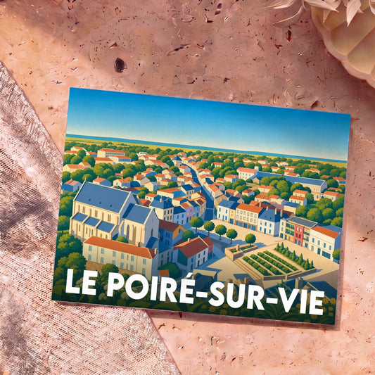 Carte postale souvenir de la ville de Le Poiré-sur-Vie avec une illustration stylisée et colorée.