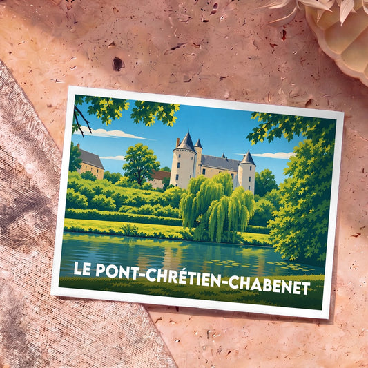Carte postale souvenir de la ville de Le Pont-Chrétien-Chabenet avec une illustration stylisée de son château au bord de l'eau.