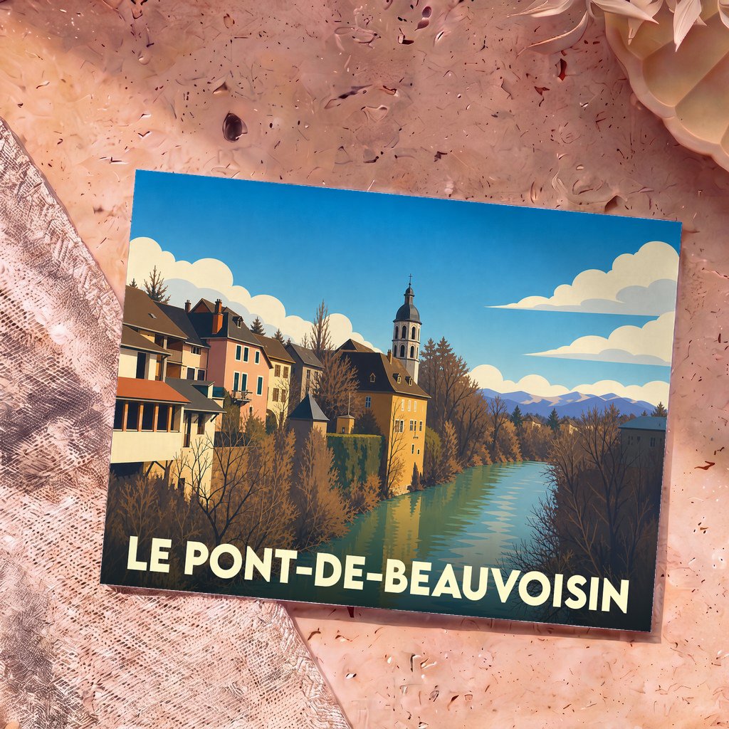 Carte postale souvenir de la ville de Le Pont-de-Beauvoisin avec une illustration stylisée d'un paysage fluvial.